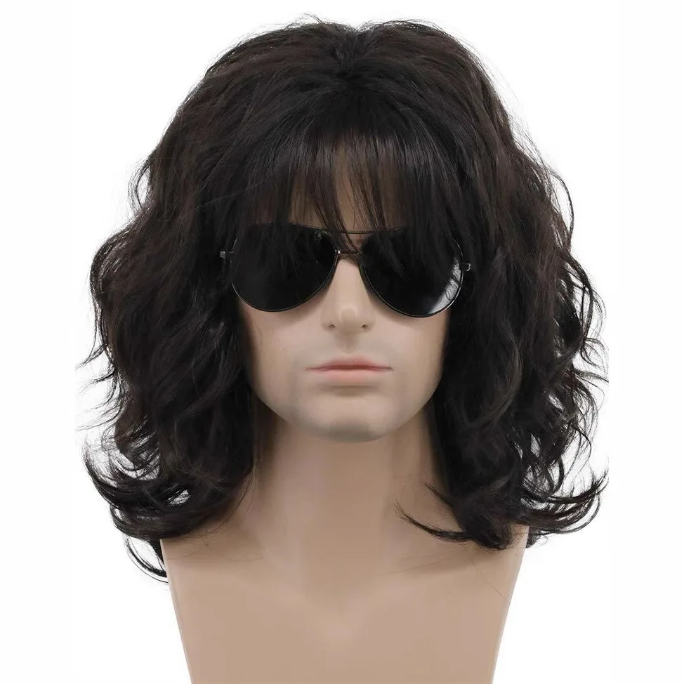 

European and American Men's Black Side-Parted Medium-Length Curly Wig, Natural Curl, Uncle Style Synthetic Wig Cap