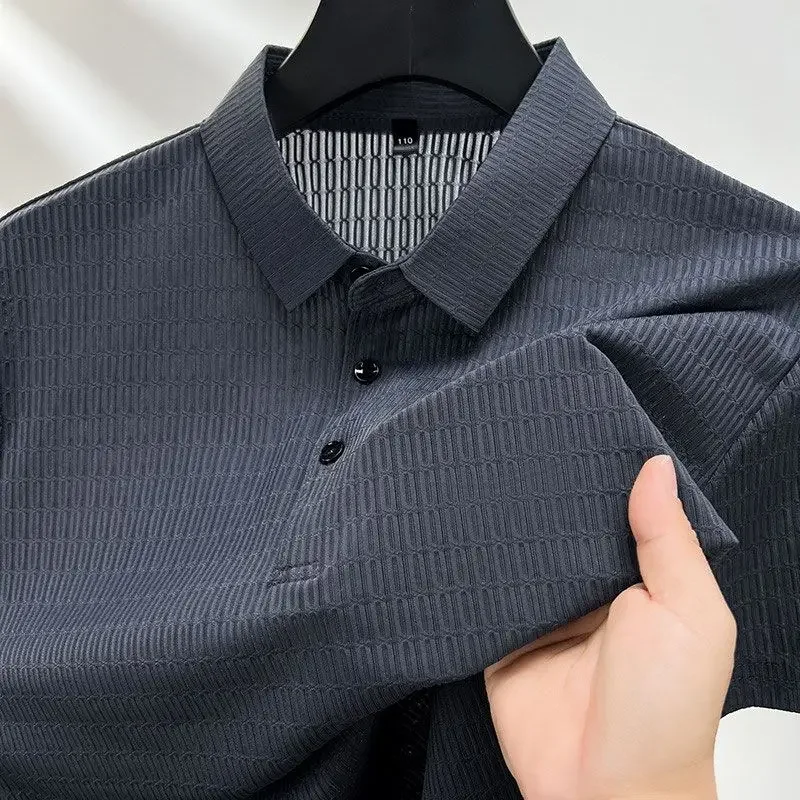 Summer Polo Shirt Men's Short Sleeve Button Lapel Lightweight Streetwear Sport Casual Tops Jacquard Breathable Cool T-shirt
