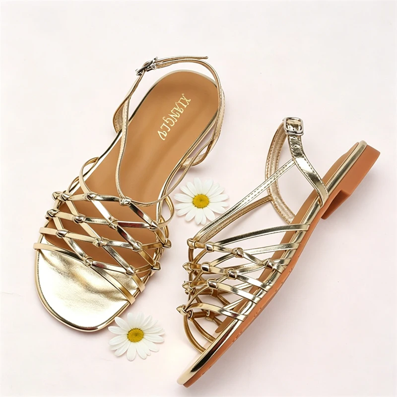 Women Handwoven Thin Strap Roman Sandals Round Toe Back Buckle Flat Beach Vacation Travel Casual Summer Shoes Comfortable Slip