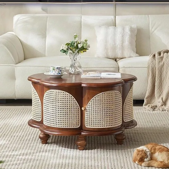 Retro rattan coffee table small apartment household antique ash wood light luxury living room round table