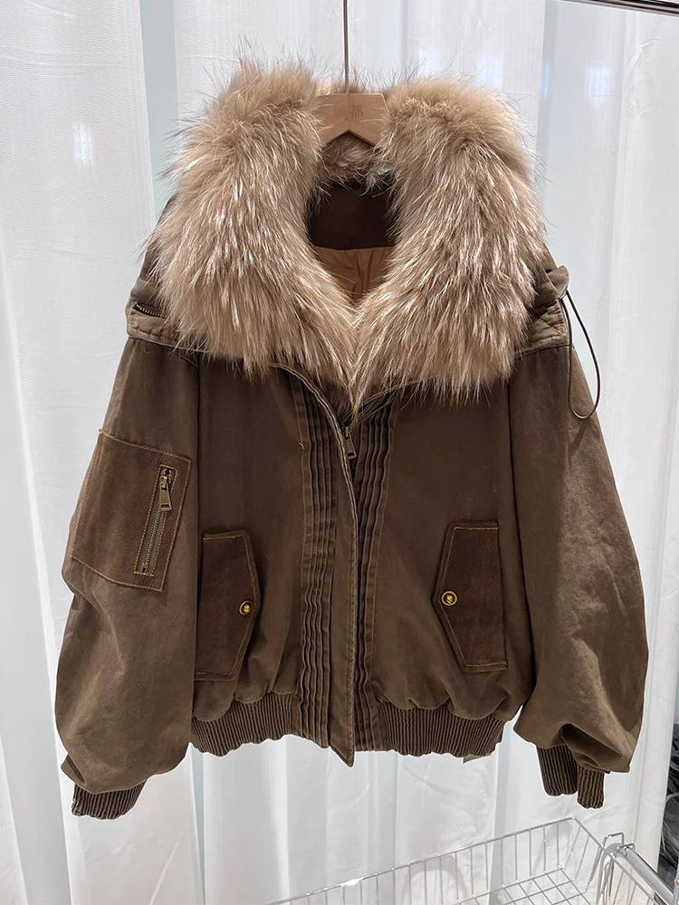 2025 New Fashion Winter Women Goose Down Jacket Natural Raccoon Fur Collar Parkas Luxury Puffer Jackets Cusual Clothing