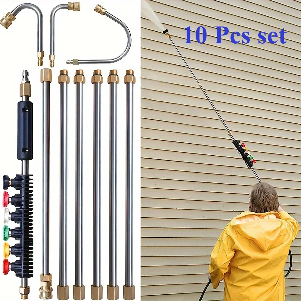 10 Piece Pressure Washer Extender Set, Quick Connect Power Washer Spray Gun with 6 Nozzle Tips, Ditch Cleaning Bender