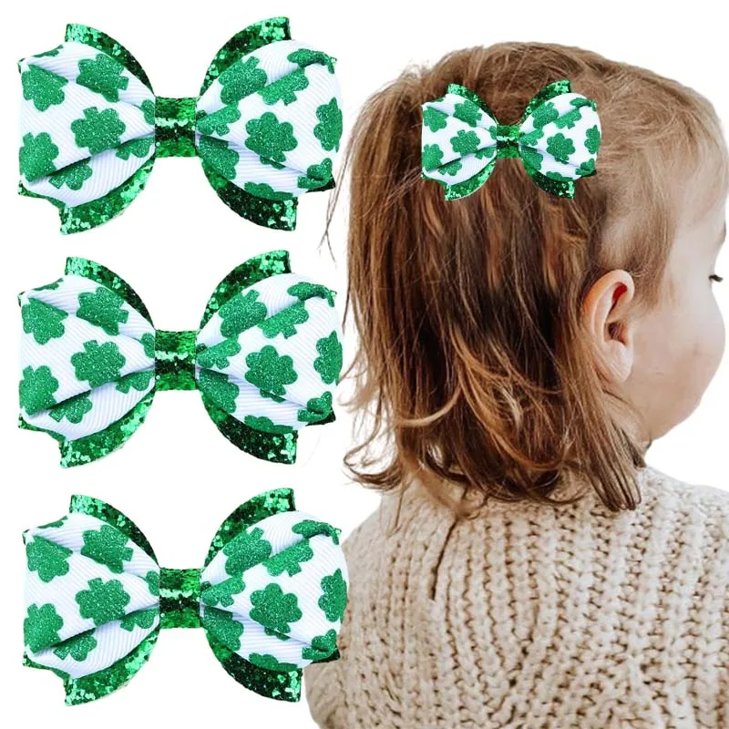 ncmama 2Pcs Glitter Hair Bow Clip with Clover Print for Kids Girls Cute St. Patrick's Day Hairpin Barrettes Headwear Accessories