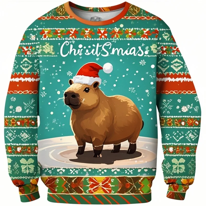 Capybara Graphic Christmas Sweatshirts For Men Women Kid Fashion O Neck Long Sleeved Pullover Casual Sports Tracksuits Tops