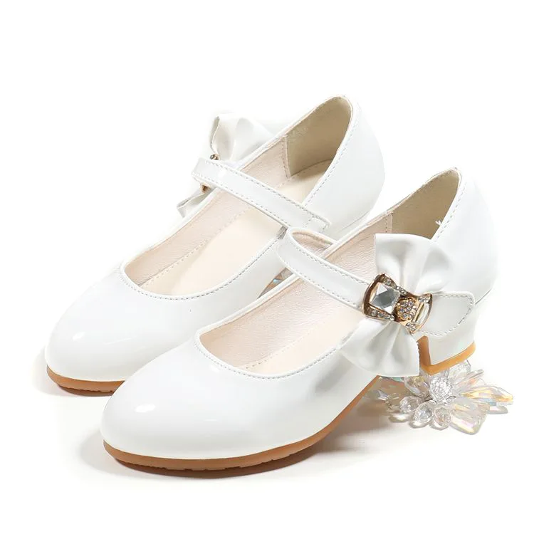Children High Heels Girls' Shoes Formal Occasion Bridesmaid Ceremony Princess Party Crystal Bow Shoes Kids White Black Sandals