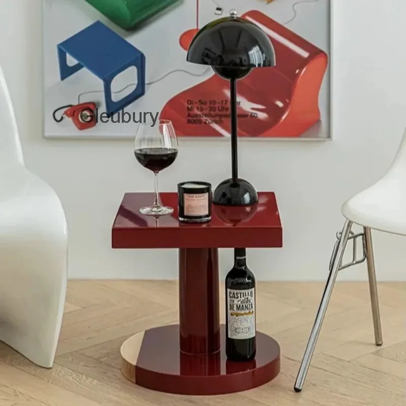 Modern Retro Side Table Glossy Lacquer Square Top Cylindrical Pedestal Round Base End Table Living Room Furniture