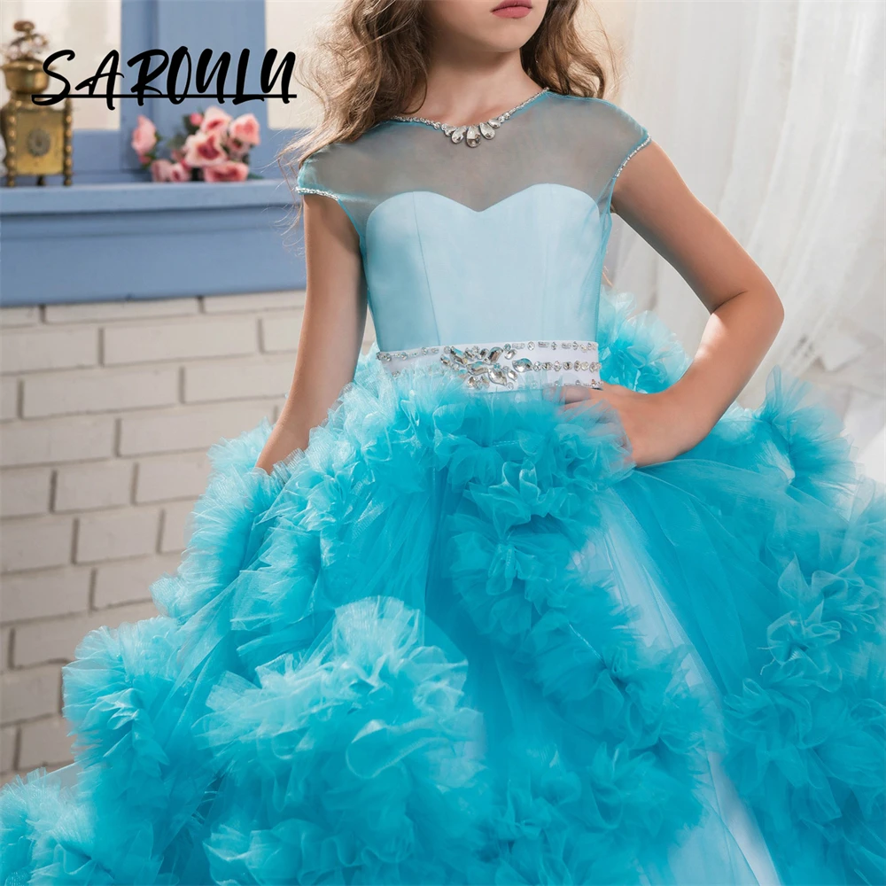 Fluffy Cute Ball Gown For Girls Short Sleeves Bow Tulle Children Formal Dresses Wedding Guest Gowns