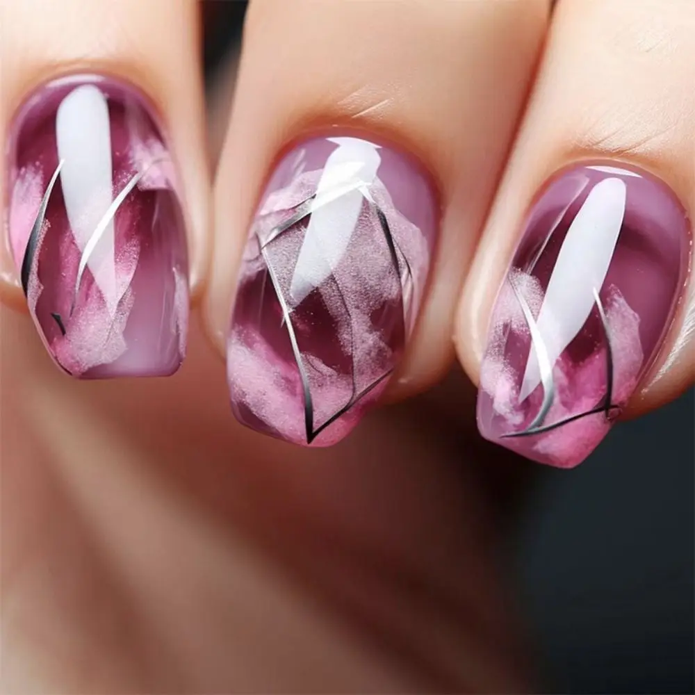 24Pcs Short Round False Nails French Aurora Purple Cloud Sparkling Pearl Blue White Wavy Full Cover Detachable French Nail Tips