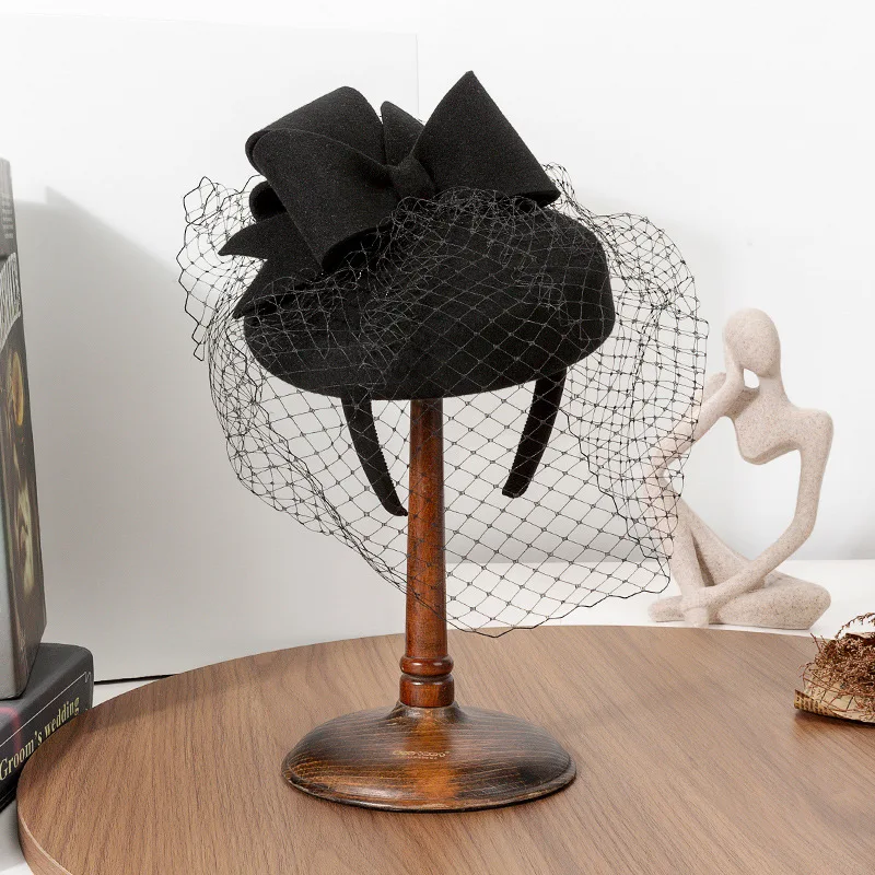 Women Winter Fascinator hat Round Pillbox Birdcage Veil Bow Wool  Headband Fascinator Weddings Ascot Races view 2