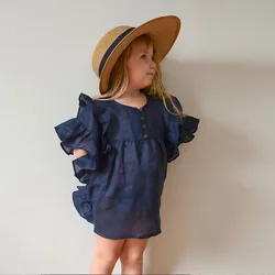 Summer Girls Ruffled Flysleeve Princess Dress 2024 New Baby Girl Chic Cute Round Neck Casual Loose Vacation Cotton Linen Dresses