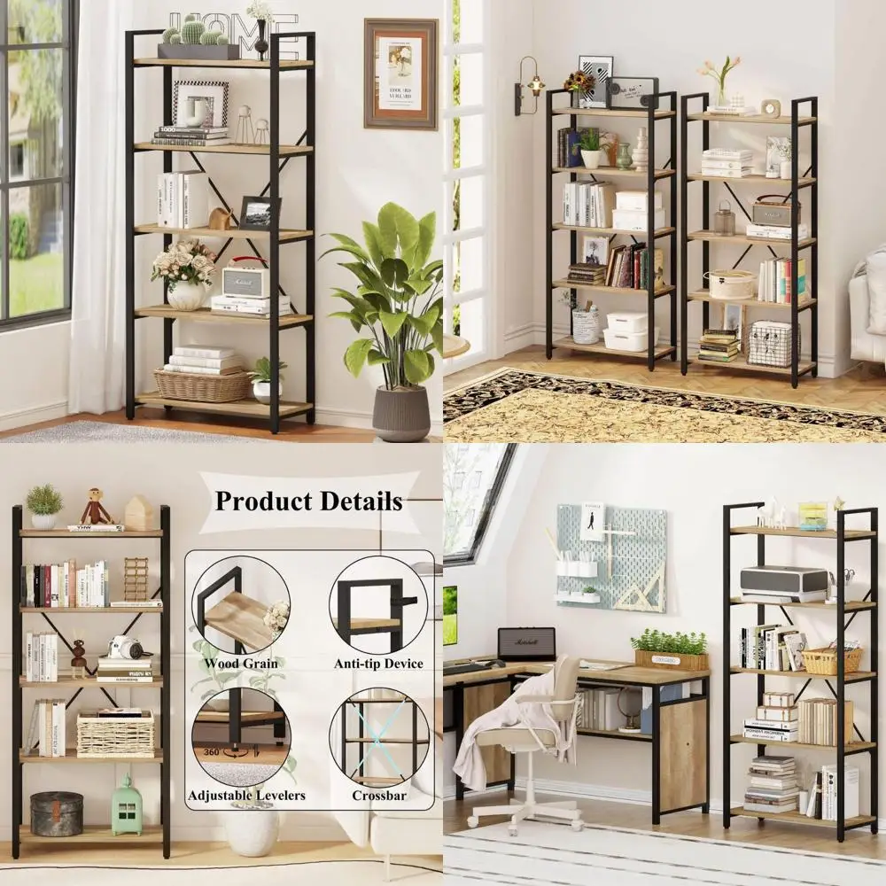 

5-Tier Industrial Style Wood and Metal Bookshelf for Display, Tall Rustic Shelving Unit