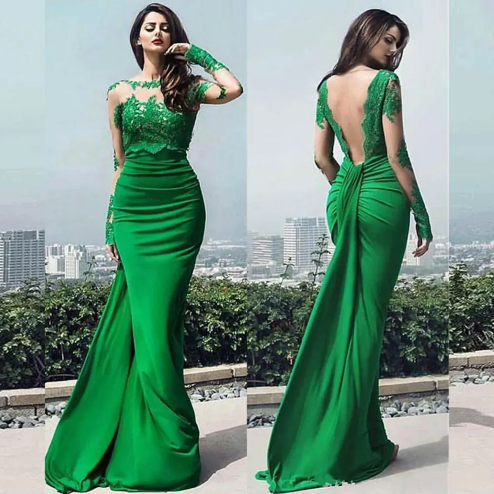 Elegant Green Stain Evening Dresses Mermaid Backless Illusion Long Sleeves Prom Gowns Floor Length Dubai Formal Party Dress 2024