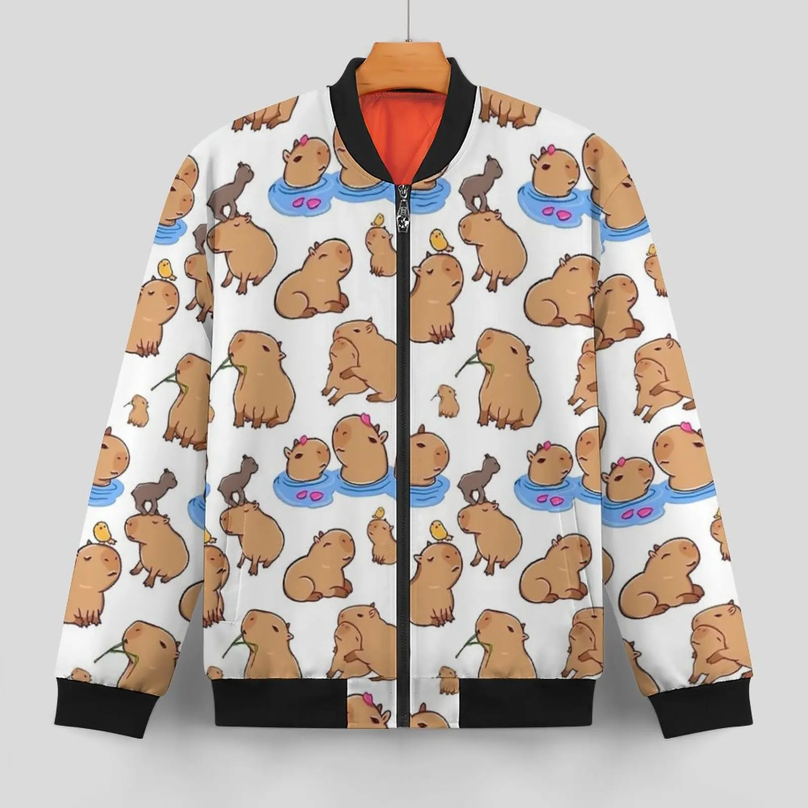 Capybara Print Jackets Winter Cartoon Animal Modern Casual Coats Men With Pockets Outdoor Windbreakers Graphic Oversize Jacket