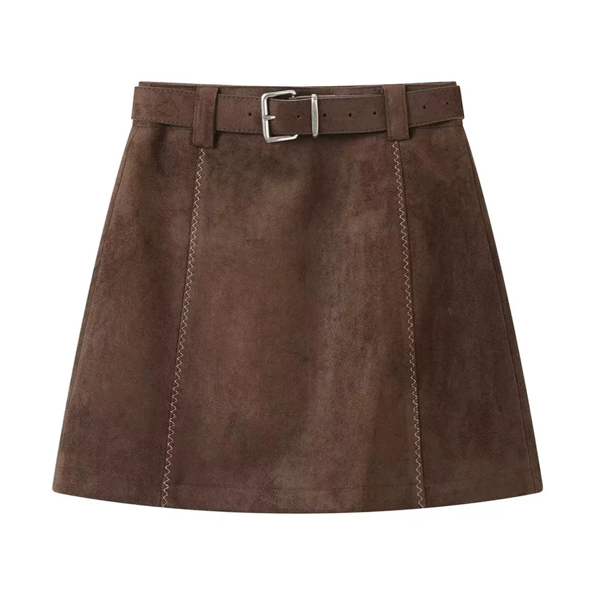 Gowyimme 2026 New Spring Autumn Fahion Women High Waist Suede Skirt Girl A-line Sashes Shorts Skirts Bottomings Retro Mini P1875