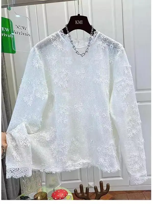 

plus Size Lace Hollow out Loose Long Sleeve Women's Base Shirt Spring Autumn Winter Layering Casual Comfortable Inner Wear