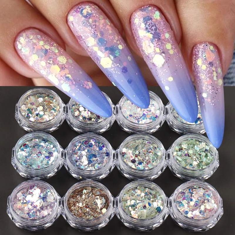 12 صندوق سباركلي مرآة حورية البحر مسمار بريق رقائق هولو قزحي الألوان الحرباء مسدس الترتر الماس الغبار مسمار الفن زينة #2