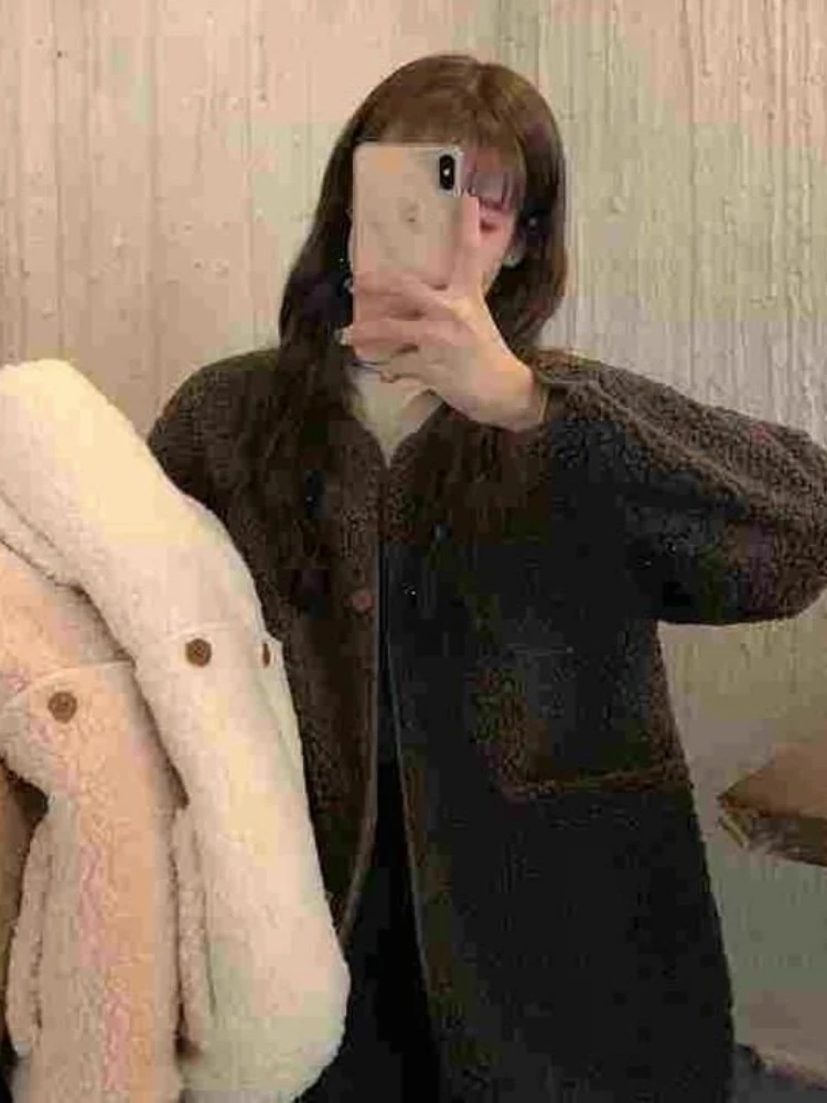 2024 Autumn Winter New Imitation Lamb Wool Thick Coat Small Fluffy Sweater for Warmth Age Reduction Slimming Casual Top Women