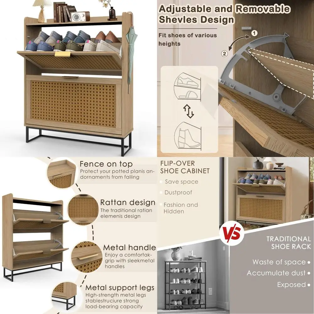 

Шкаф для обуви из ротанга в стиле бохо для прихожей — отдельно стоящее хранилище с двумя ящиками, деревянный дизайн для организации обуви