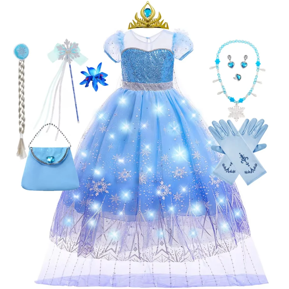 Fancy Snow Queen Elsa Anna Costume Girls Princess Dress Toddler Halloween Cosplay Party LED Light Vestido For 2-10 Years