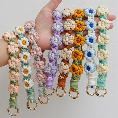 보헤미안 우븐 데이지 핸드폰 랜야드, 손으로 짠 꽃 키체인, 수제 비치 가방 펜던트, 창의적인 선물