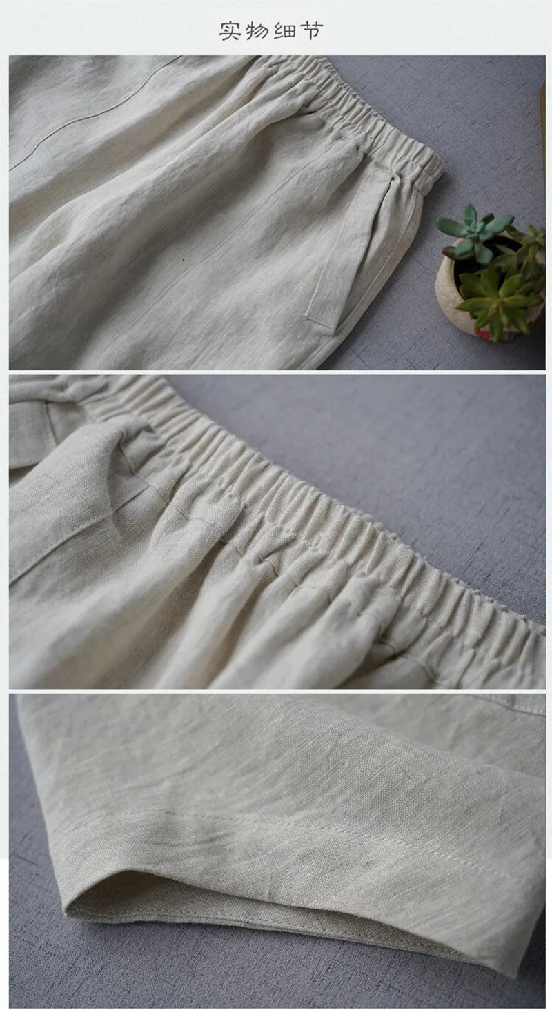 2025 New Spring Vintage Pocket Pants Women Chinese Style Loose Linen Cropped Pants Ankle-Length Casual Solid Patchwork Trousers