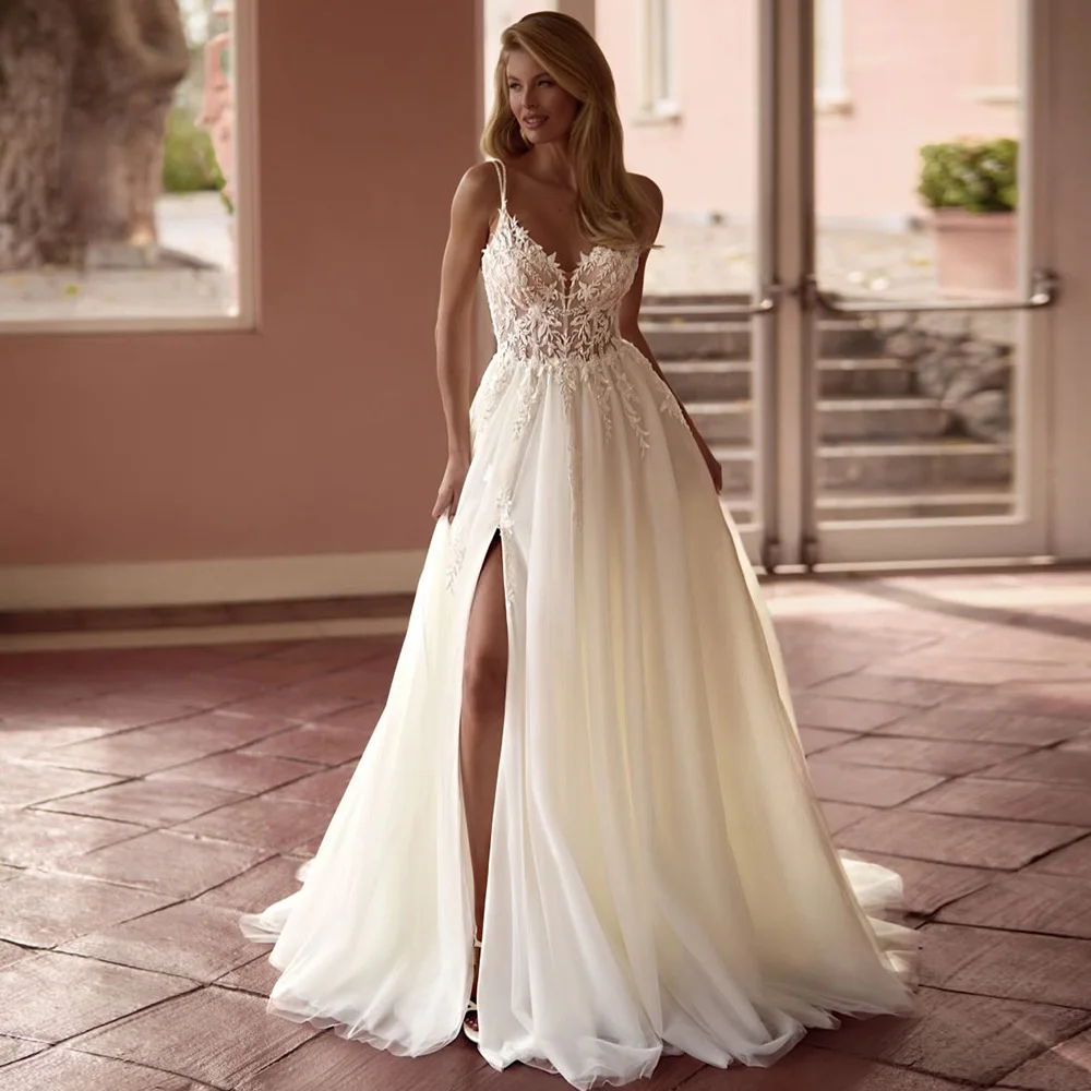 Exquisite Appliques and Sequined Customized Wedding Dress Spaghetti Straps Side Slit Bridal Gowns Classic Tulle Robe de mariée