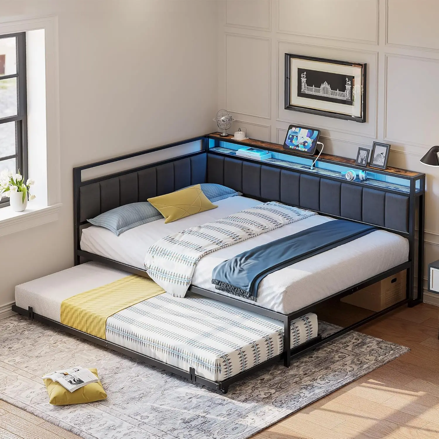 إطار سرير مزدوج كامل من LIKIMIO مع دولاب، ولوح أمامي للتخزين المنجد وأضواء LED، وسرير نهاري مزدوج الحجم مع محطة شحن #1