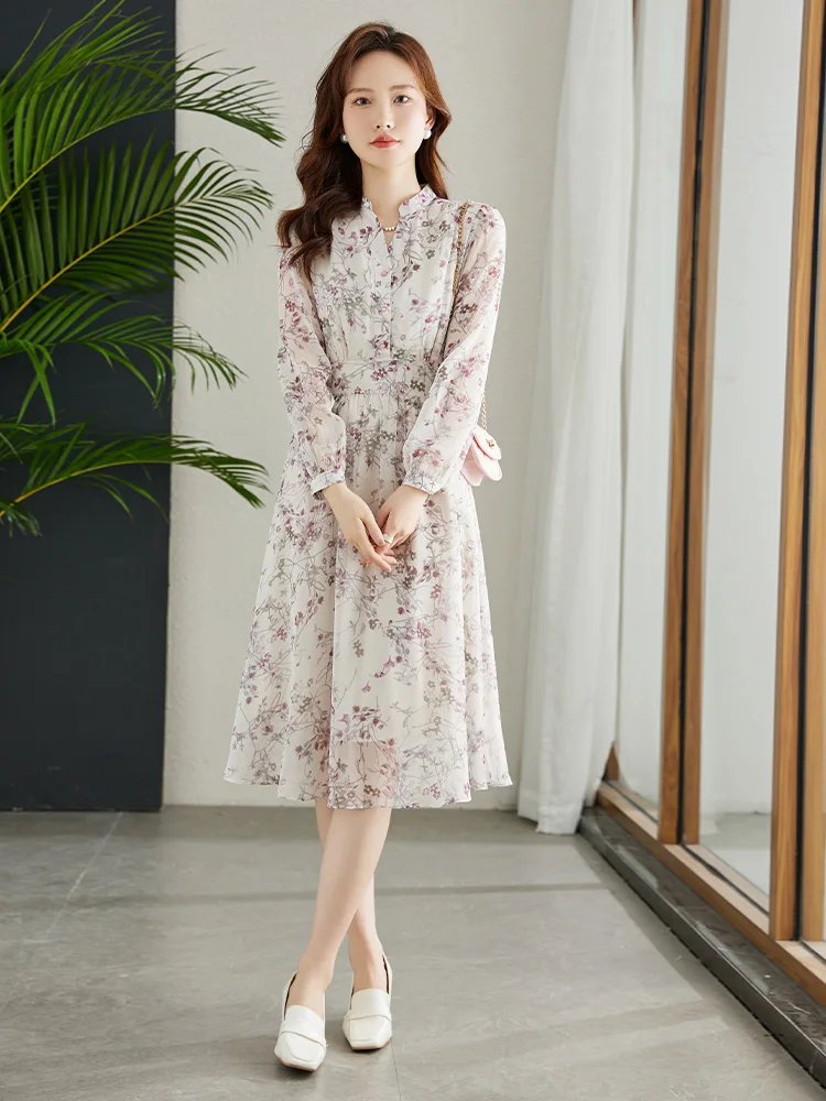 Vimly Elegant Fairycore Chiffon Dresses for Women 2024 Vinatage A-line Stand Collar Long Sleeve Vocation Floral Dress V7983