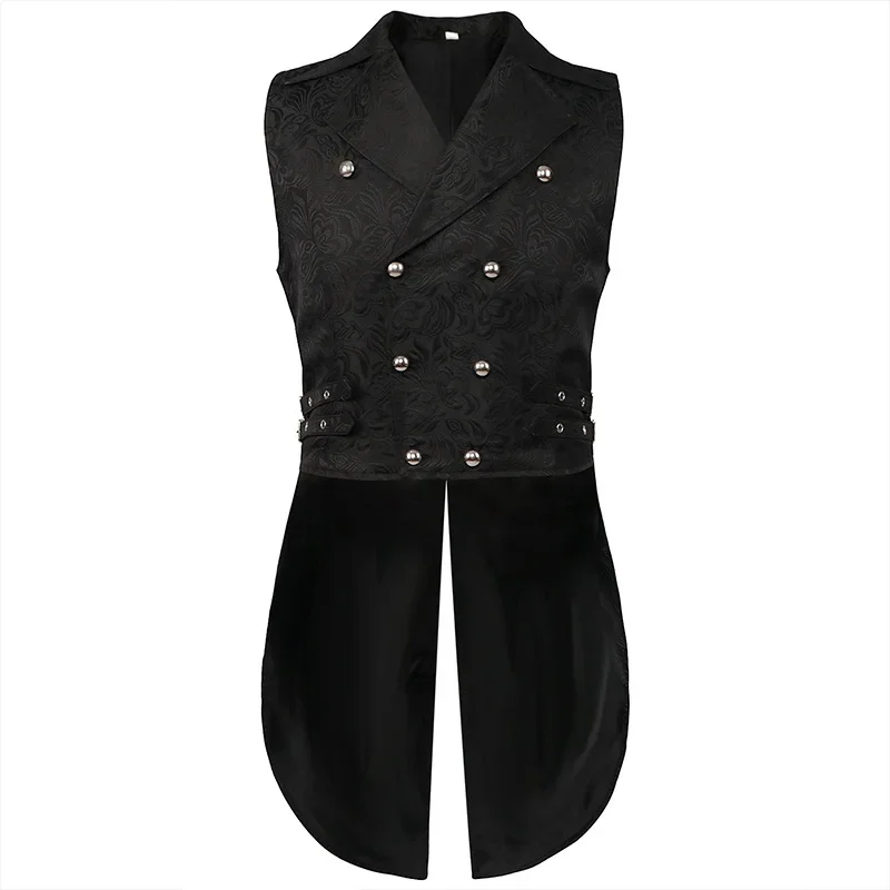 Men Medieval Vest Steampunk Coat Victorian Prom Costume Pleated Waistcoat Retro Top Double-breasted Jacquard Cloth