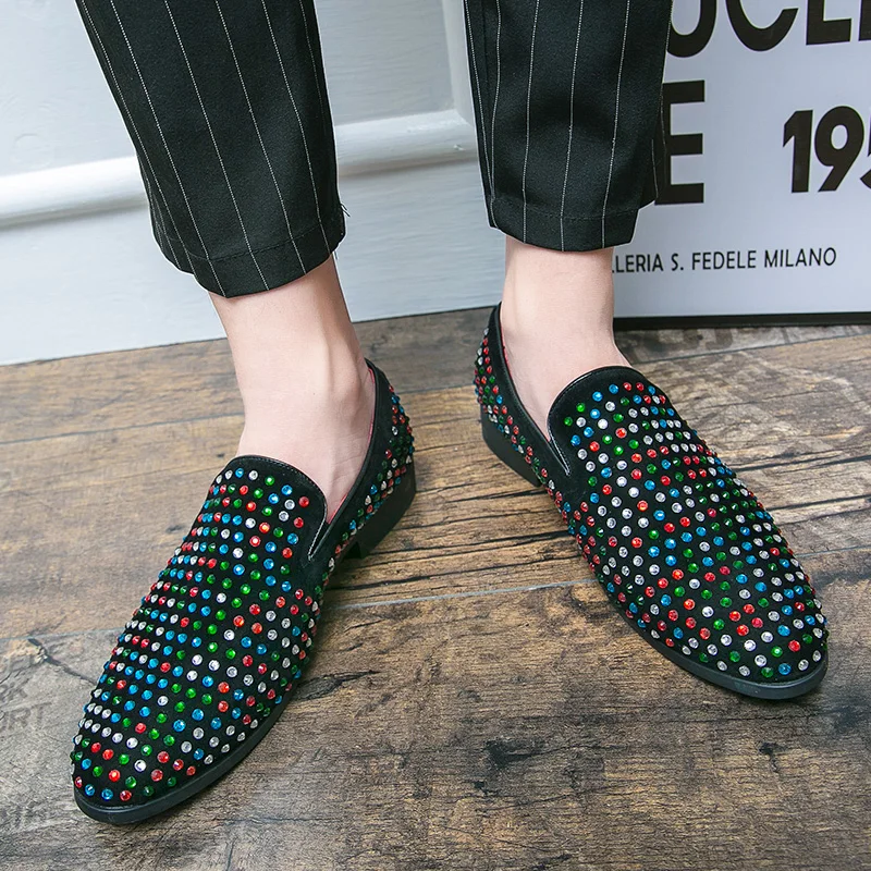 

European station men's leather shoes spirit social guy fashion personality rhinestone set foot lazy beanie shoes men's shoes