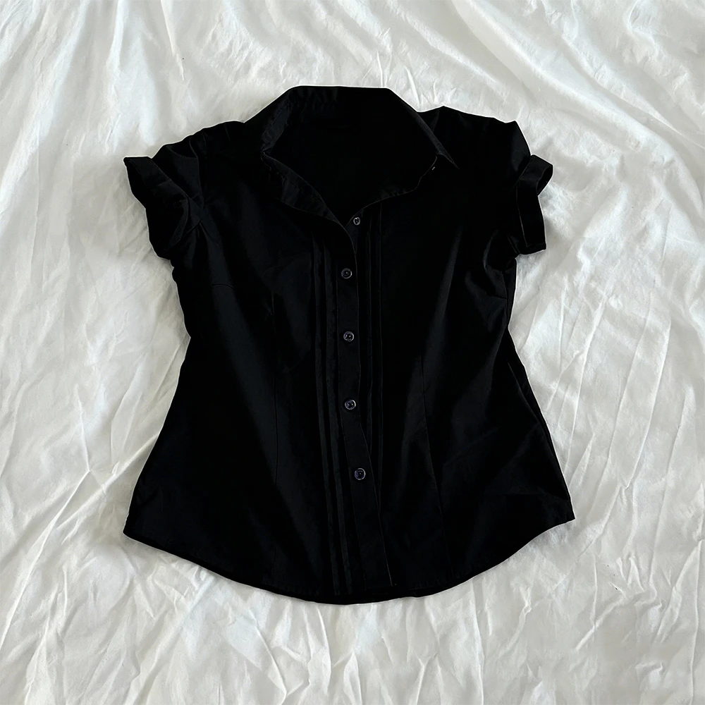 

Women Y2K Solid Button Down Shirt Coquette Short Sleeve V Neck Crop Top E-Girls Slim Fit Top Vintage Preppy Blouse Streetwear