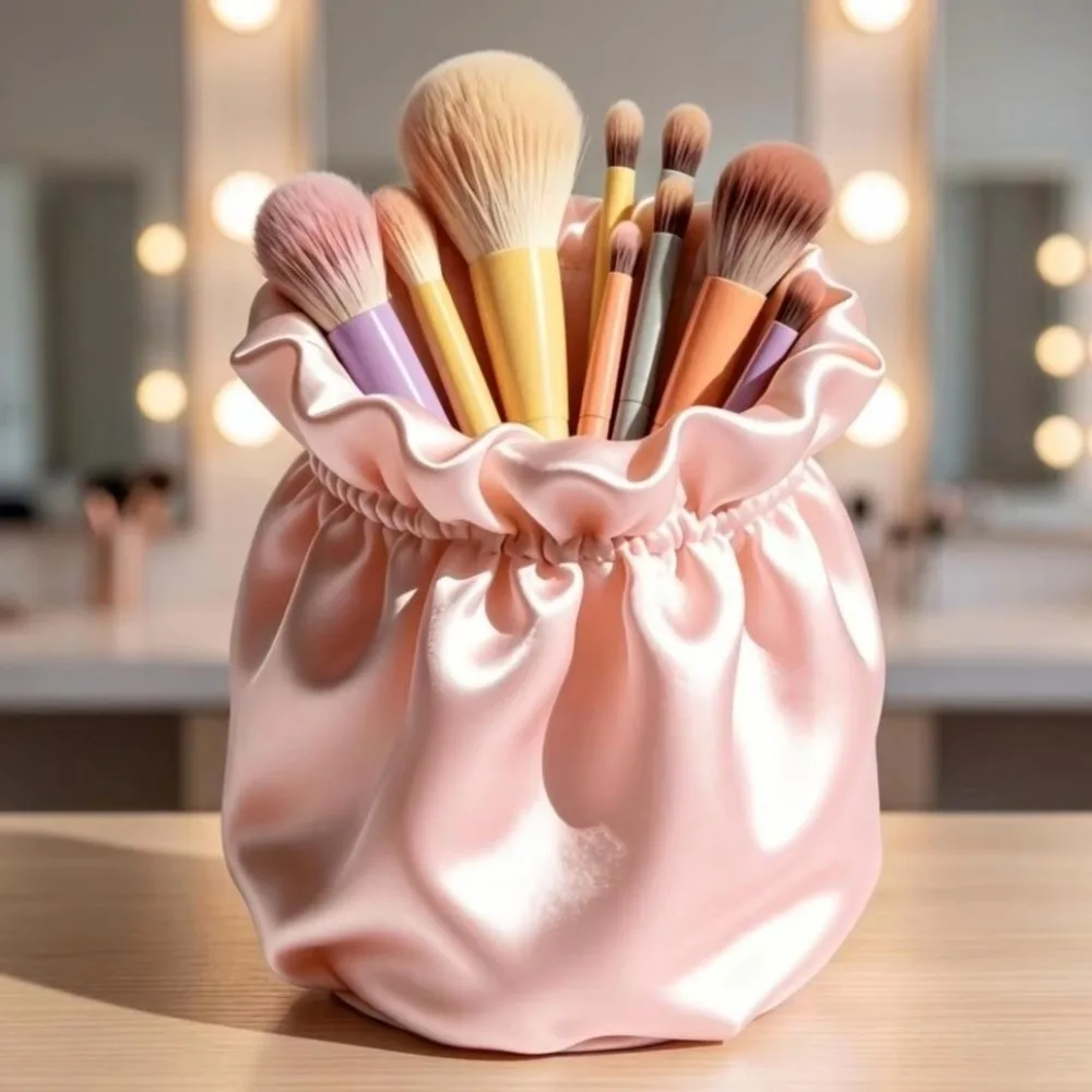 3D Printed Desktop Organizer Bucket Soft Pink Satin Texture Makeup Brush Holder Luxury Silk Texture Pen Holder Desk Decor