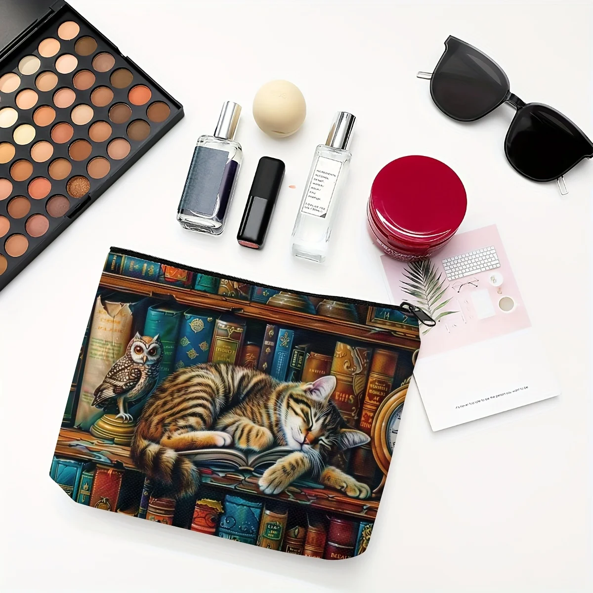 1 Piece Cartoon Owl and Cat Print Makeup Bag - Multifunctional Zipper Pouch for Women, Perfect Travel Zipper Storage Bag, Fun Birthday Gift