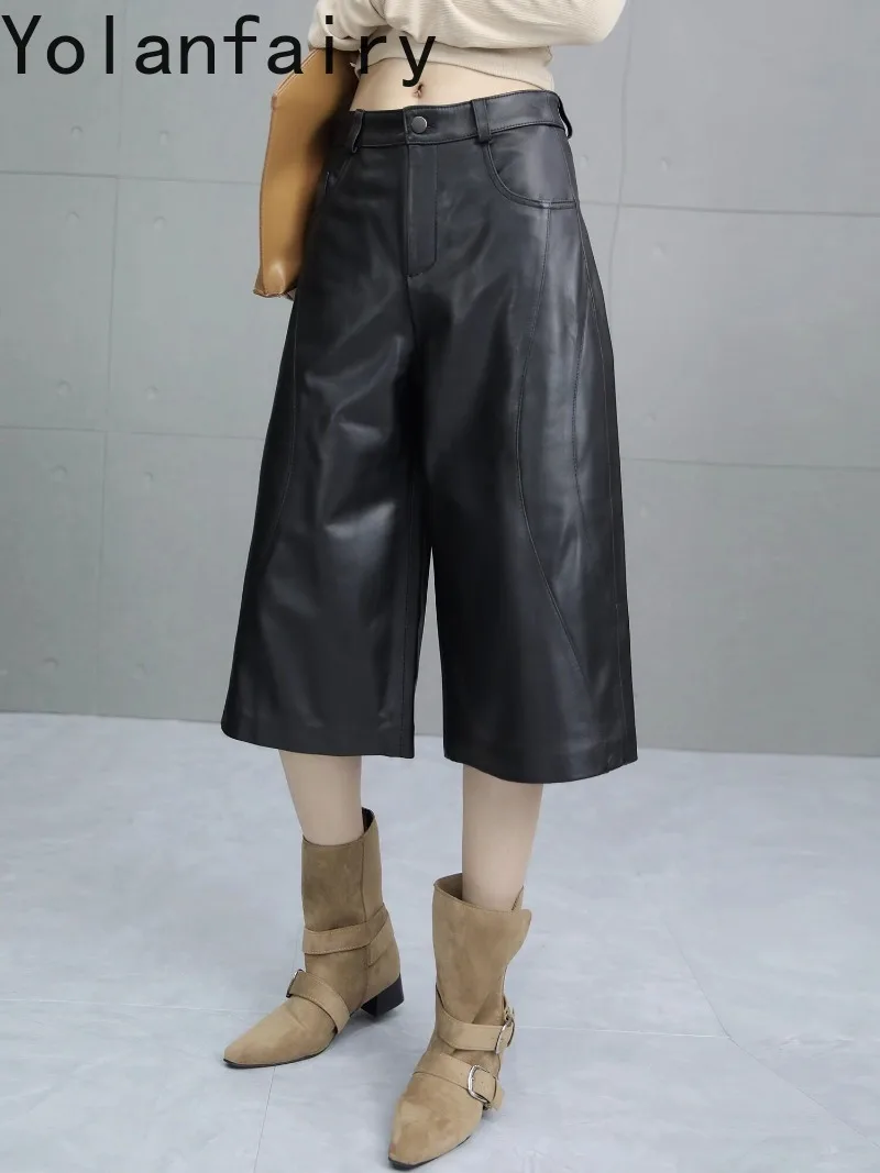 YOLANFAIRY Autumn Women Genuine Sheepskin Leather Wide Leg Pants High Waist Cropped Pants Petite Casual Black Pants Trousers