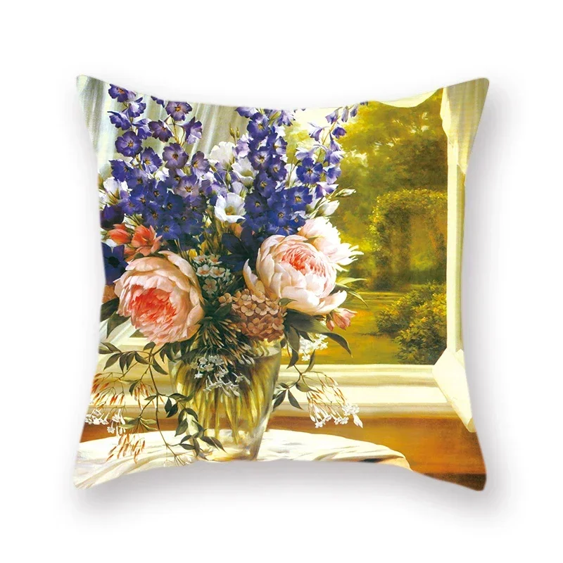 Idyllic Country Afternoon Window Sill Sunflower Print Decorative Polyester Pillowcase Sofa Cushion Cover Home Decoration 45x45cm