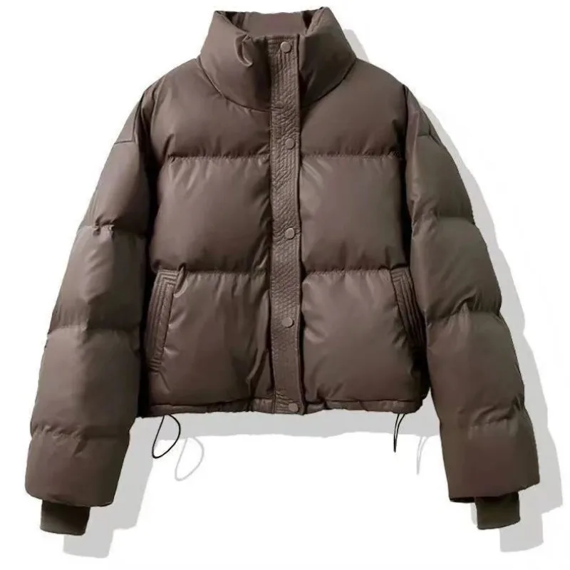 

Wash-Free Down Cotton Faux Leather Puffer Coat Winter Short Length Thickened Warm Petite Bread Outerwear
