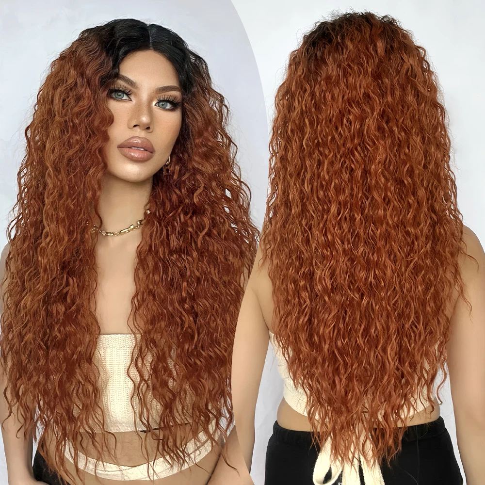 Afro 13*1 Auburn Wig Water Wavy Lace Front Synthetic Wig for Afro Women Dark Root Daily Copper Ginger Brown Heat Resistant Fiber