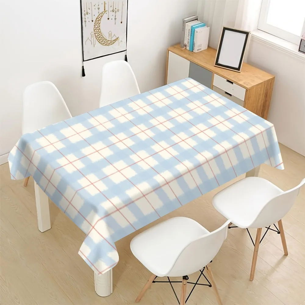 One blue and white checkered tablecloth in multiple sizes. Polyester fabric. Suitable for home and kitchen use.xzj
