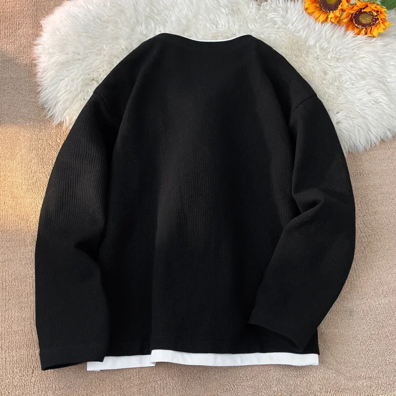 Autumn Male Waffle Texture Long Sleeve Top Mock Layer Hem Design V Notch Neck Urban Travel Commute Fashion Garment image 4
