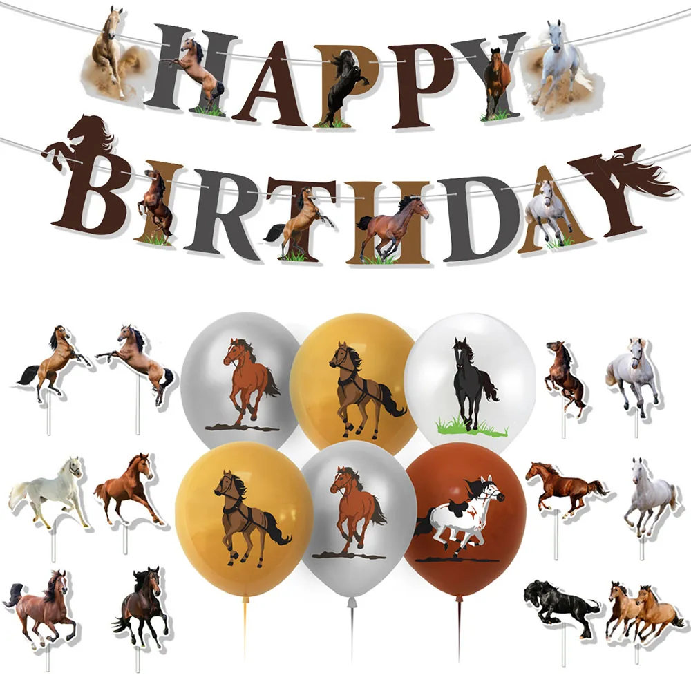 Pferd Geburtstag Party Dekorationen Derby Racing Pferd Banner Luftballons Kuchen Topper für Hochzeit Baby Dusche Cowboy Party Supplies – Detail 1