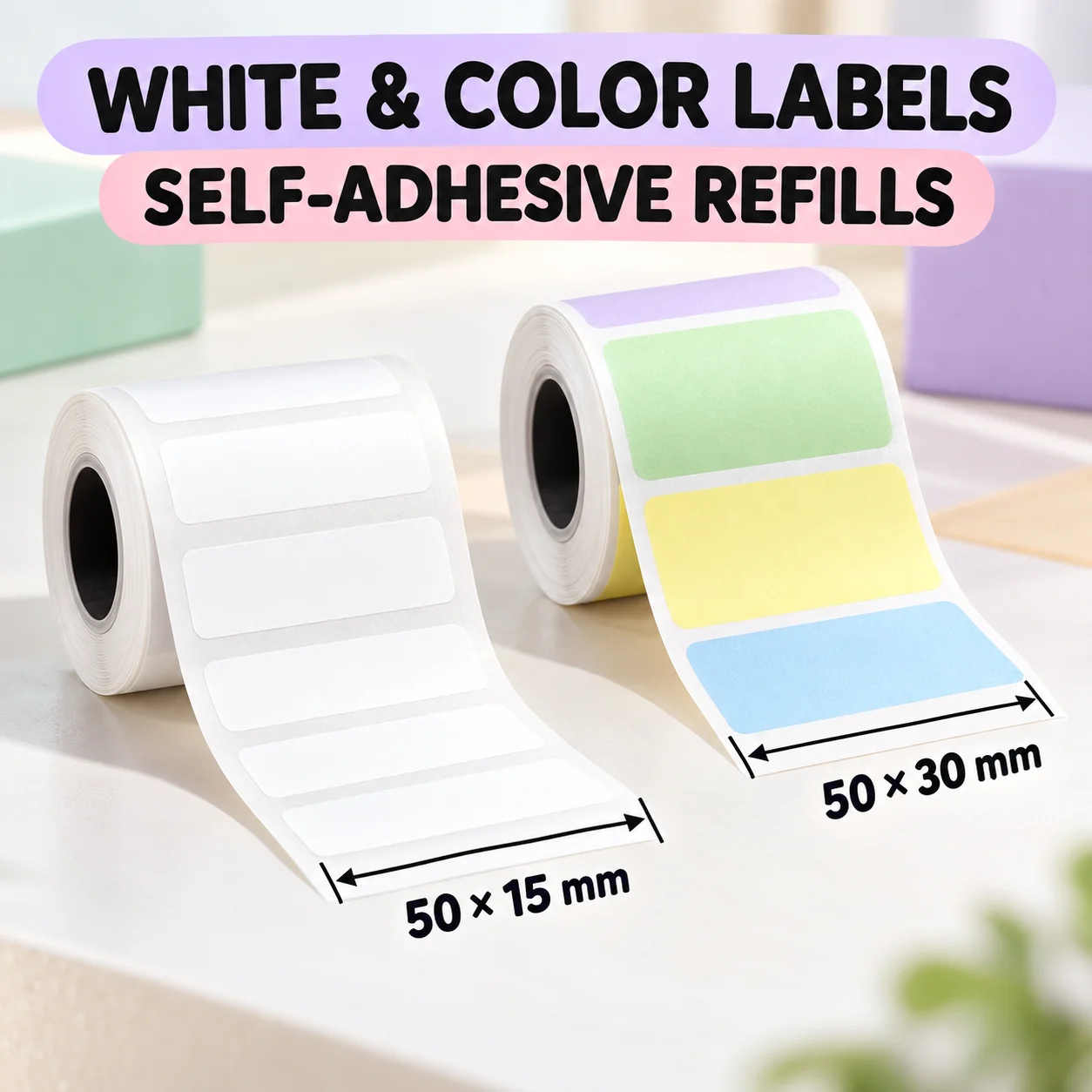 50x15mm 50x30mm Thermal Label Sticker Paper Roll Self Adhesive Compatible for Mini Thermal Printer Storage Office Tag