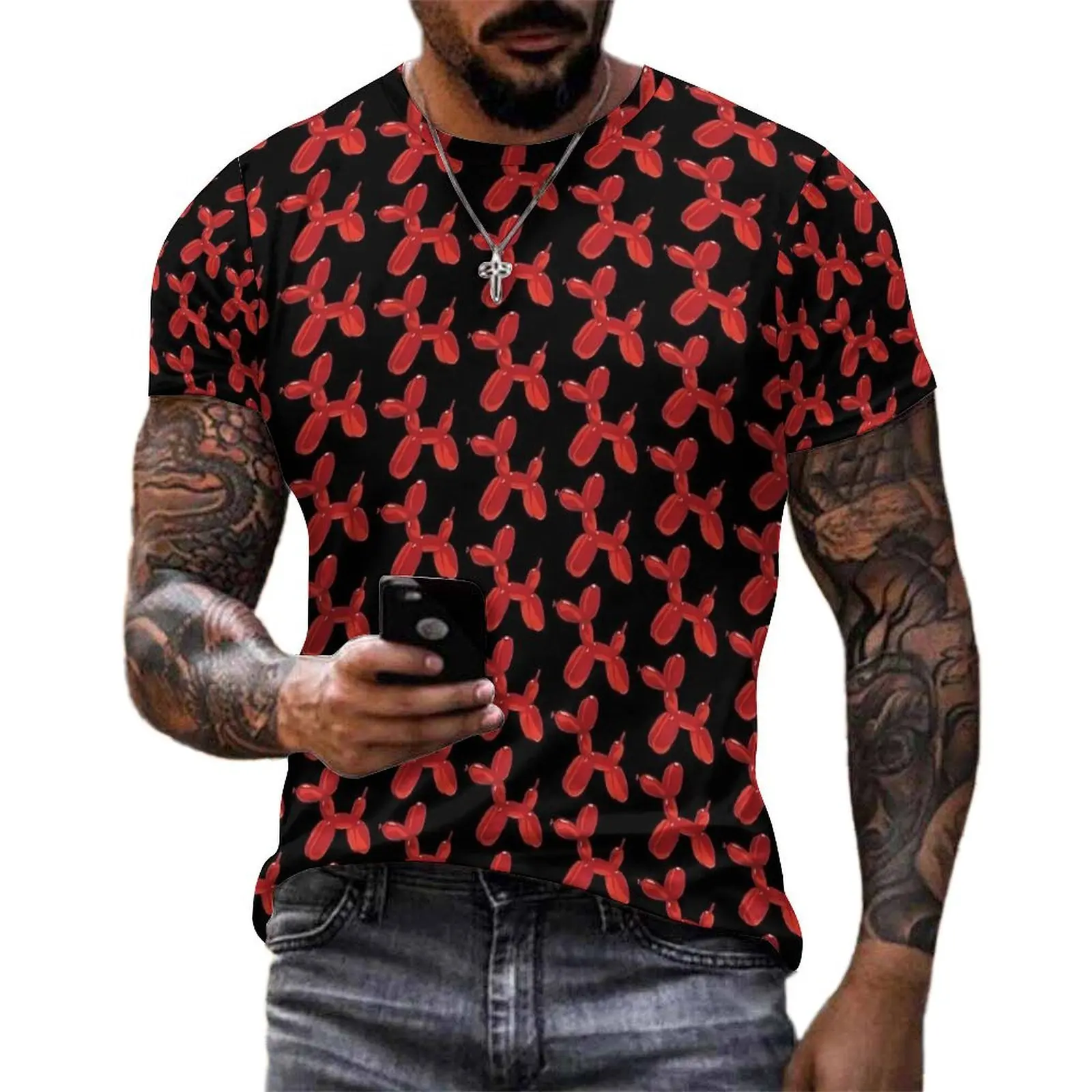 Red Balloon Dogs T Shirt For Male Animals Print Graphic O Neck T-Shirts Premium Vintage Tops Short Sleeves Oversized Tee Shirt