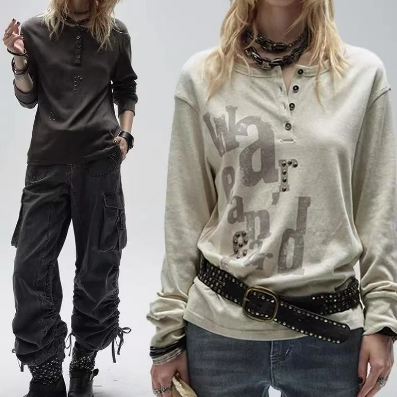 2026 Spring Unisex Retro Two Tone Long Sleeve Tee Half Placket Rhinestone Print Ruched Sleeve Punk Loose Top For Streetwear