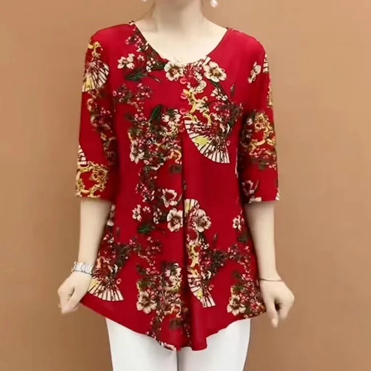 Vintage Printed Casual 3/4 Sleeve Blouse Spring Summer Round Neck Button Female Clothing Stylish Loose Midi Shirt Commute