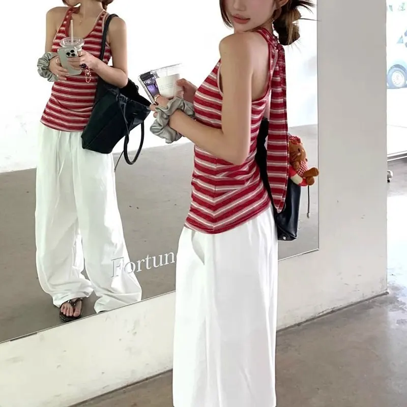 

Hotsweet Vintage Red Striped Halter Tanks Summer Slim Sleeveless Women's Clothing American Fashion Bandage Aura Backless Camis