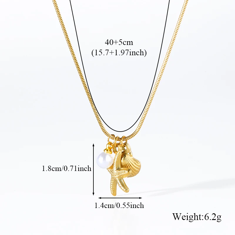 EILIECK 316L Edelstahl Seestern Perlen Muschel Anhänger Halskette Ohrringe Set für Damen Trendiger Wasserdichter Strand-Schmuck Geschenk – Detail 6
