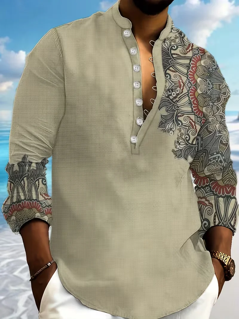 Новая мужская повседневная льняная рубашка с воротником Генри и этническим цветочным принтом, мужская рубашка высокого качества, подходящий для повседневных топов