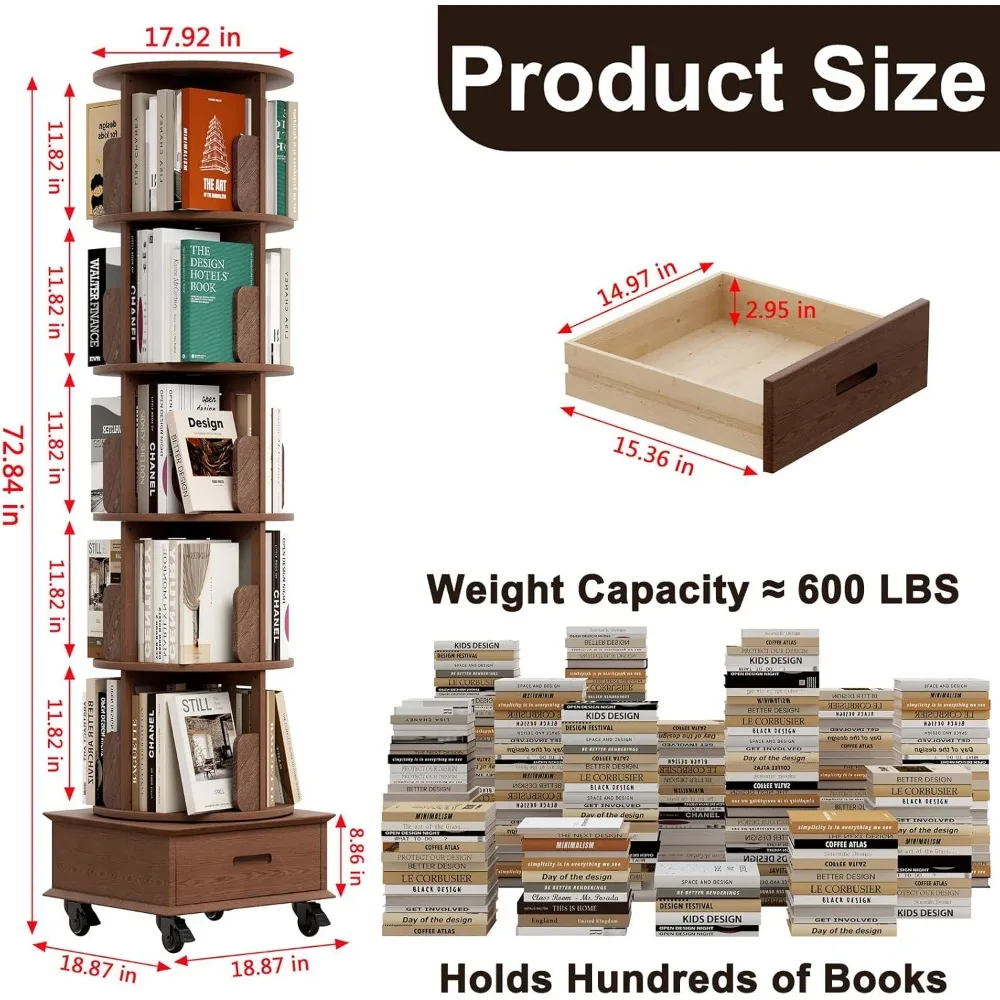 برج رف كتب خشبي دوار بخمس طبقات مع درج وعجلات، وخزانة كتب دوارة قائمة بطول 72 بوصة #2