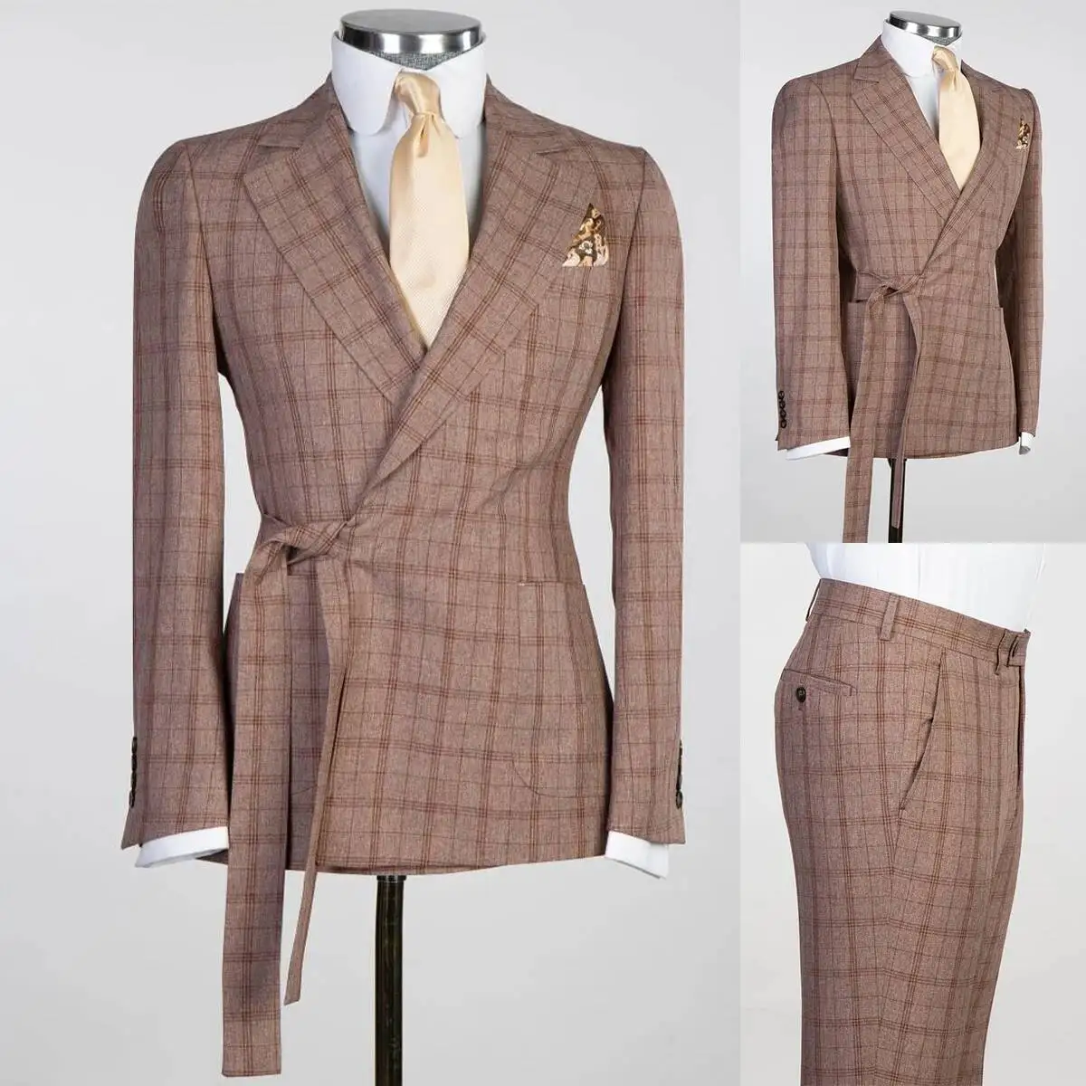 Modern Men's Suits 2 Pieces Peaked Lapel Blazer Pants With Belt Plaid Stripes Slim Fit Wedding Customized Plus Size Summer