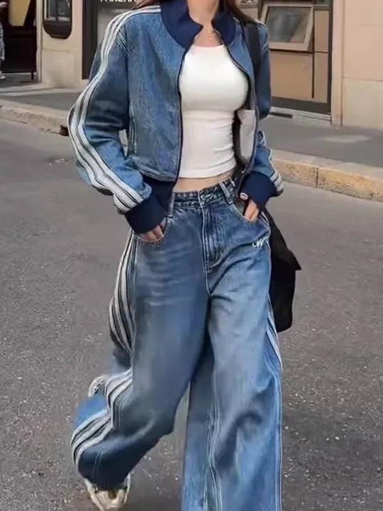 

Blue Denim Set Chic Hong Kong Sle Old Money Feel Spring Autumn Women's Jeans Outfit Comfortable Warm Loose Fit l Waist